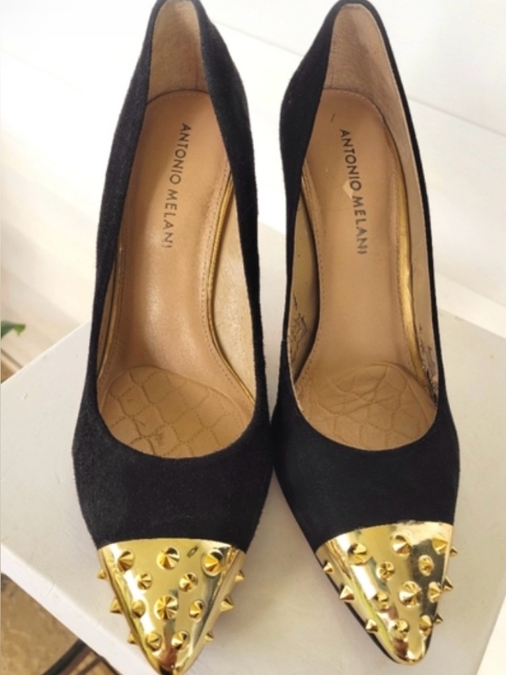 ANTONIO MELANI Black Pointed Pumps 6 Gold Studded Cap wedding evening edgy